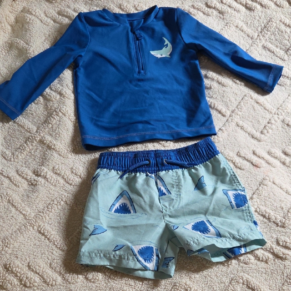 Carter's Blue Shark Rash Guard & Light Blue Shark Print Swim Trunks